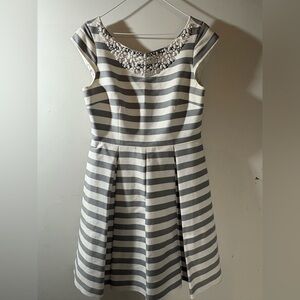kate spade Gray & White Striped Embellished Neckline Midi Dress